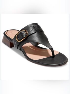 Cole Haan Gayle Thong Sandal Black w/Gold Buckle. Leather Upper Size 8.5